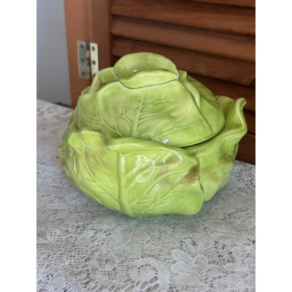 Vintage 1971 Mabel and Orval Kalb Ceramic Cabbage Tureen Green Leaf Lidded Bowl